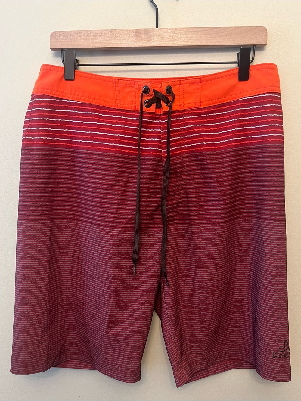 Prana Board Shorts Men's Size 32 Orange Red Striped Tie Waist Gorpcore